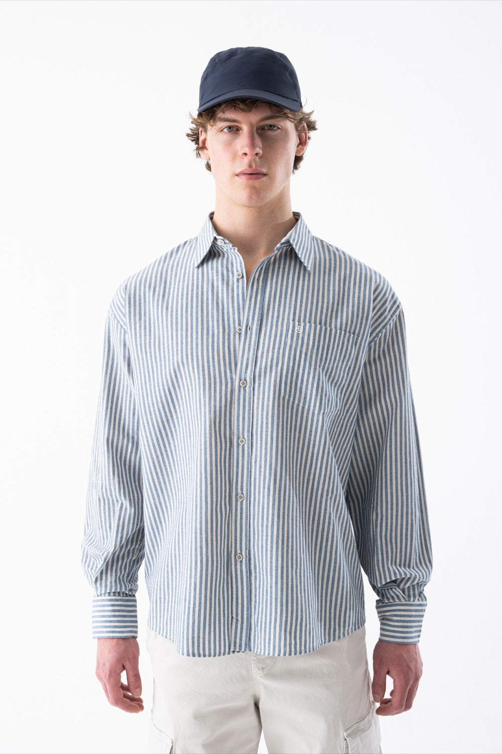 Airlife Striped Linen-Blend Long Sleeve Shirt in Blue Stripe