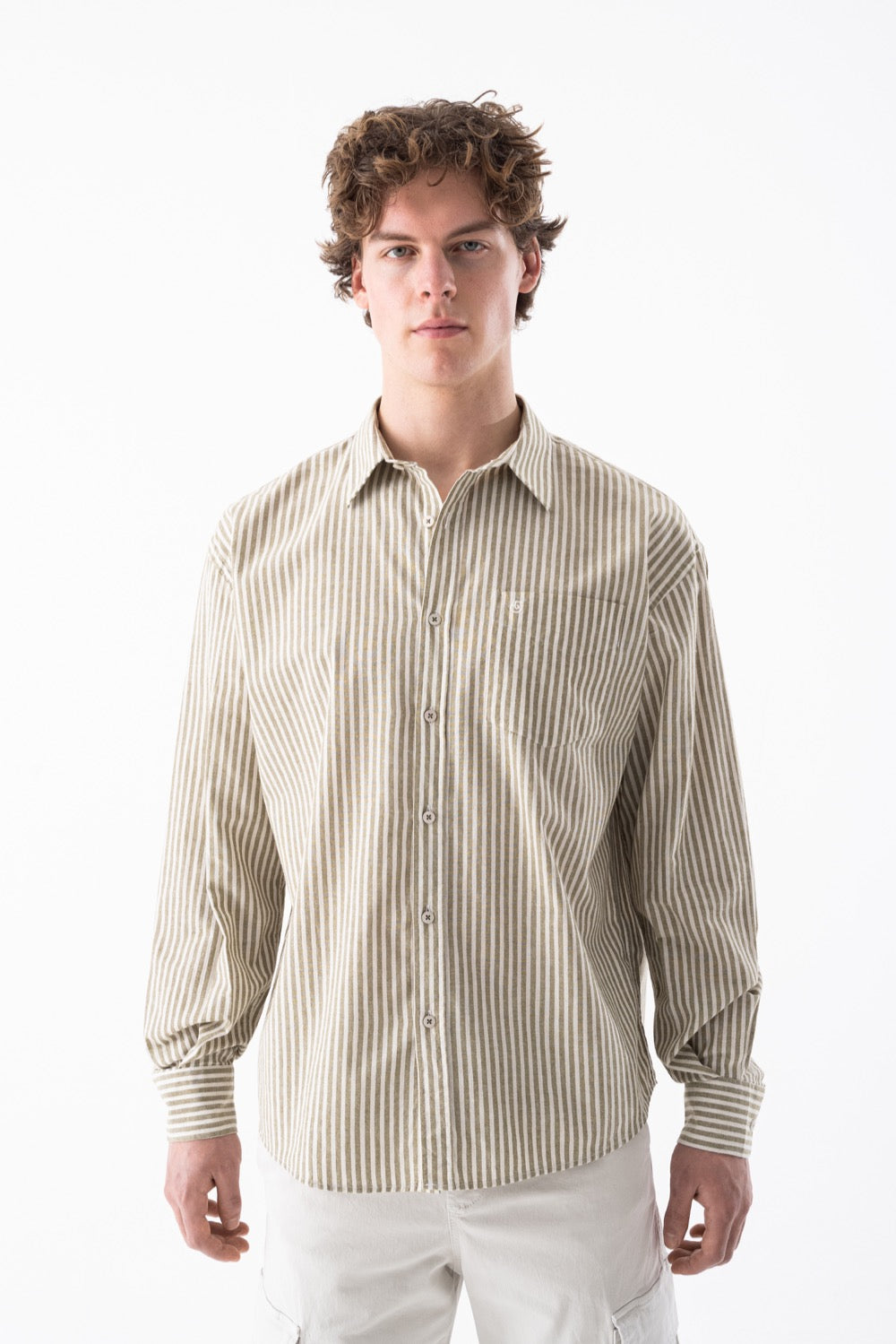 Airlife Striped Linen-Blend Long Sleeve Shirt in Beige Stripe