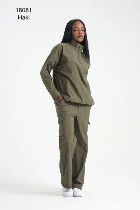 Airlife Olive Cargo Pants Set - Women's Relaxed Fit Utility Tracksuit