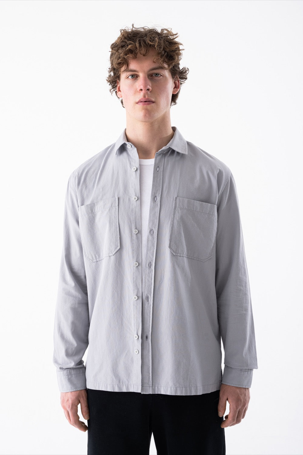 Airlife Relaxed Dual-Pocket Long Sleeve Shirt in Light Grey