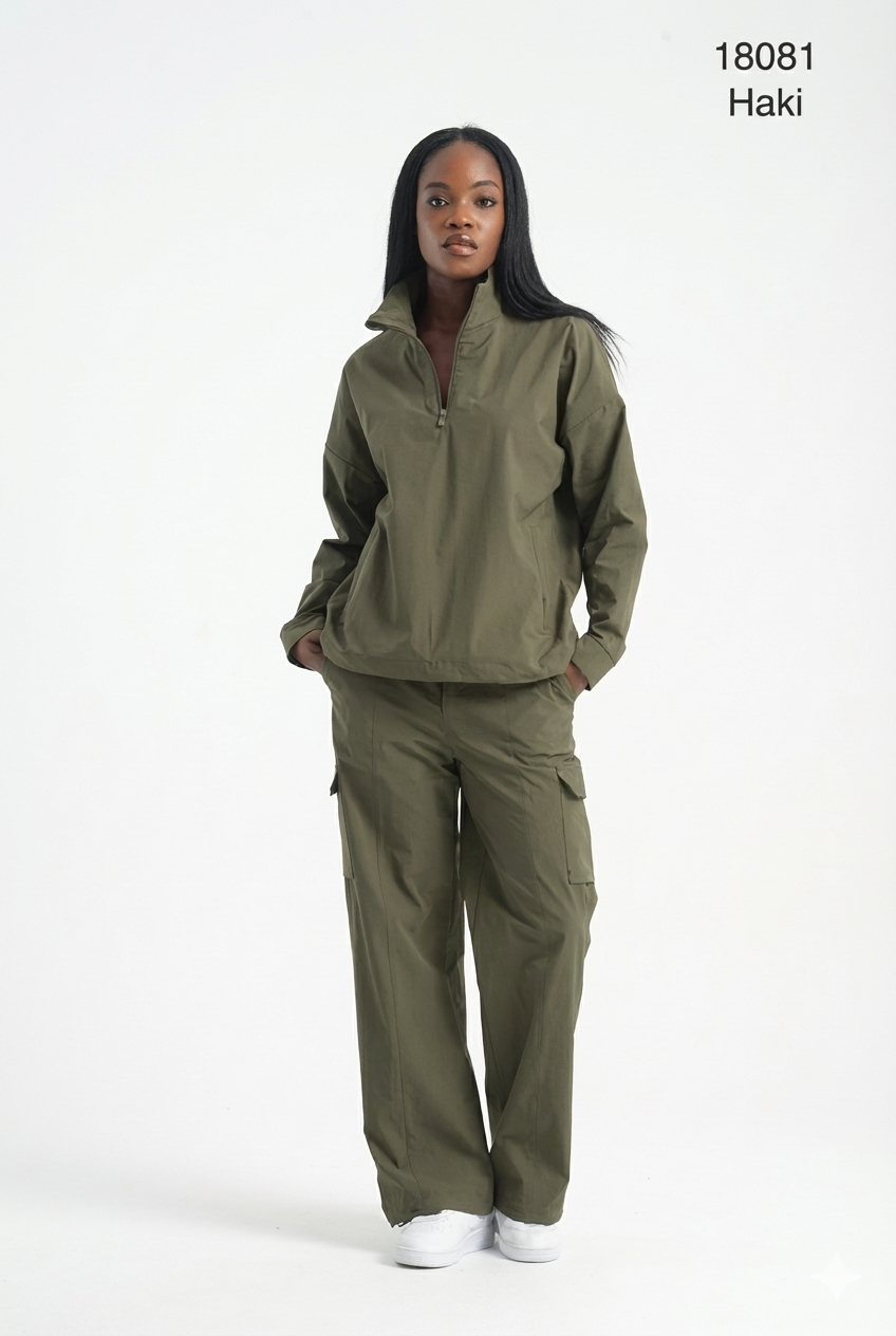 Airlife Olive Cargo Pants Set - Women's Relaxed Fit Utility Tracksuit